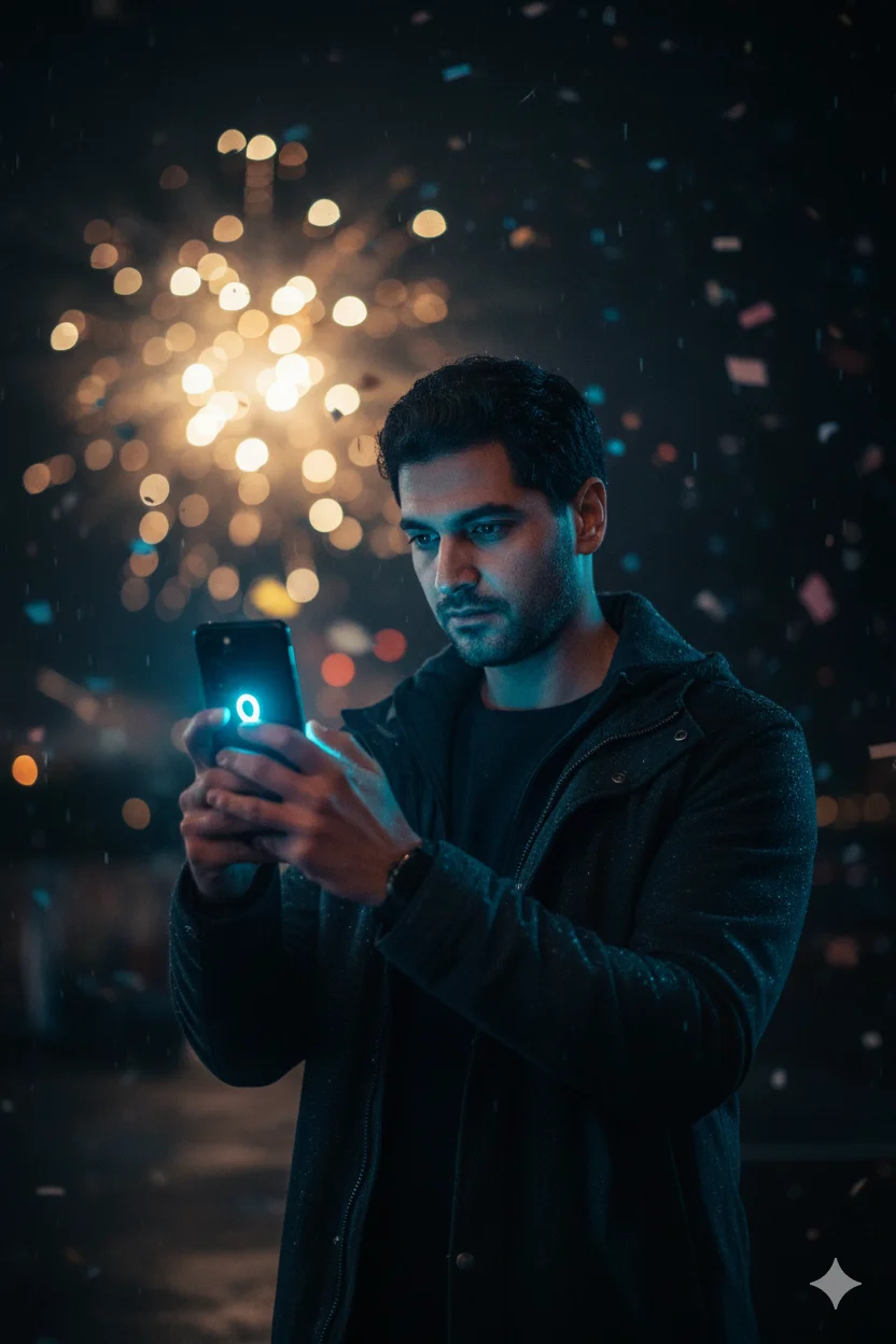 Cinematic New Year 2026 – Phone Countdown Close Pose